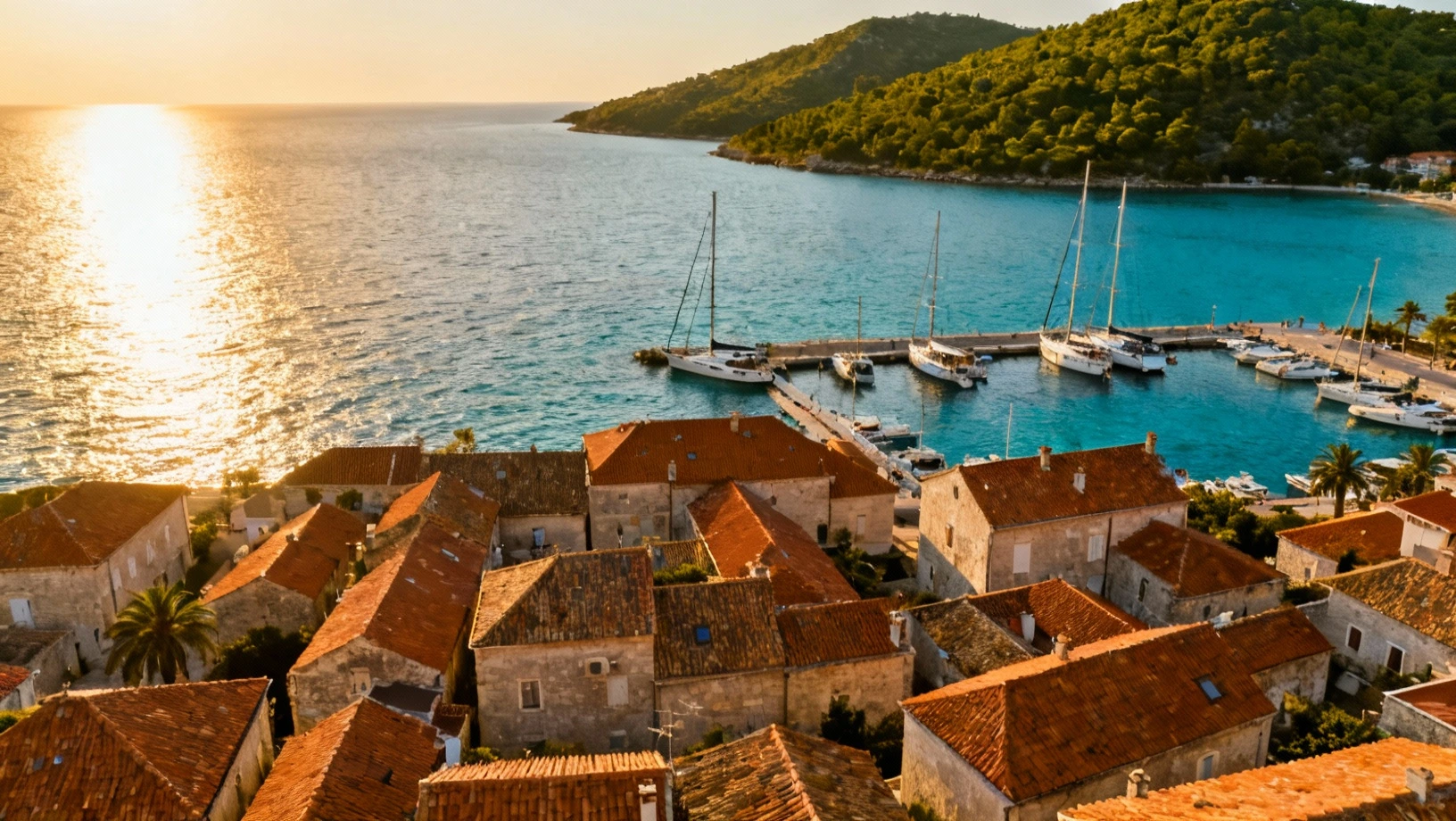 Vue aerienne d'une ville cotiere mediterraneenne au coucher du soleil