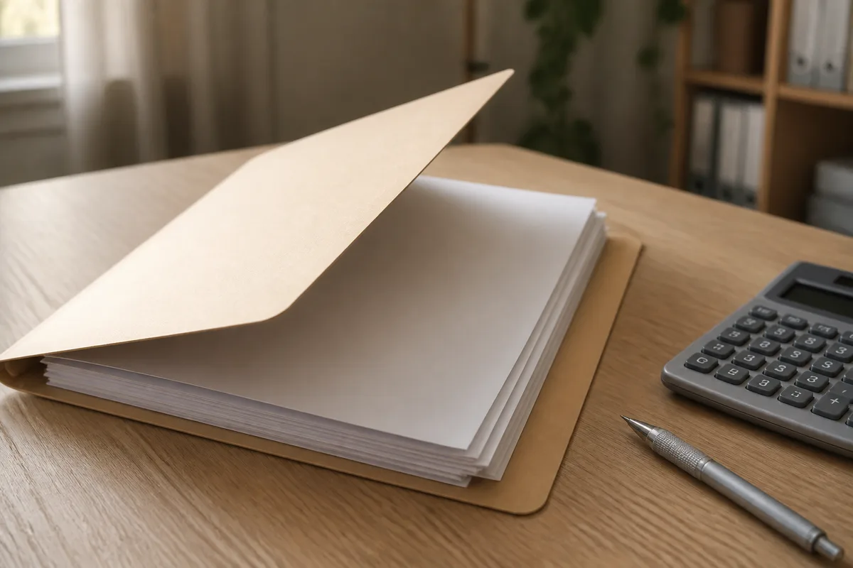 Dossier de crédit immobilier ouvert et calculatrice posés sur une table en bois clair