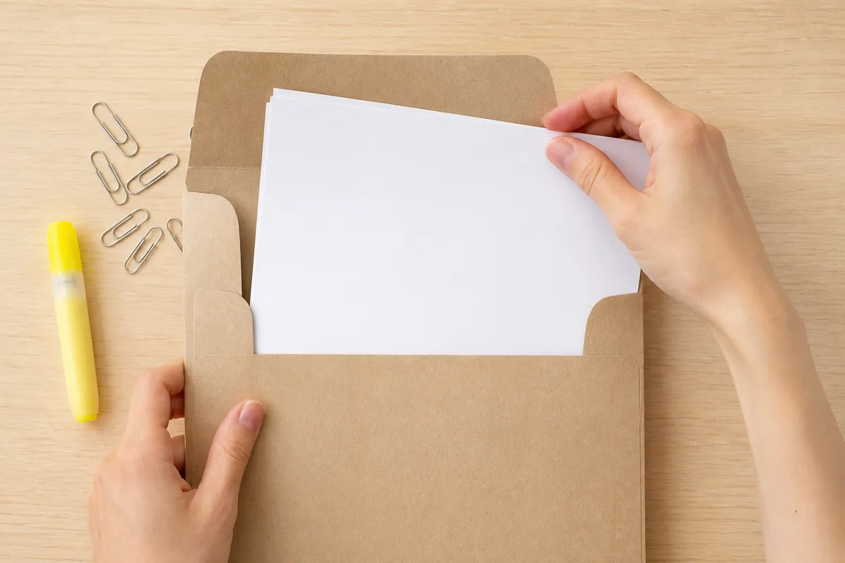 Mains classant des documents administratifs dans une pochette sur un bureau lumineux