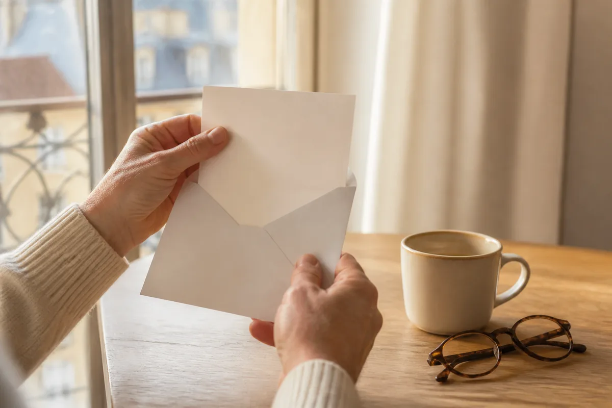 Personne consultant un courrier recommandé près d’une fenêtre, mains posées sur la table