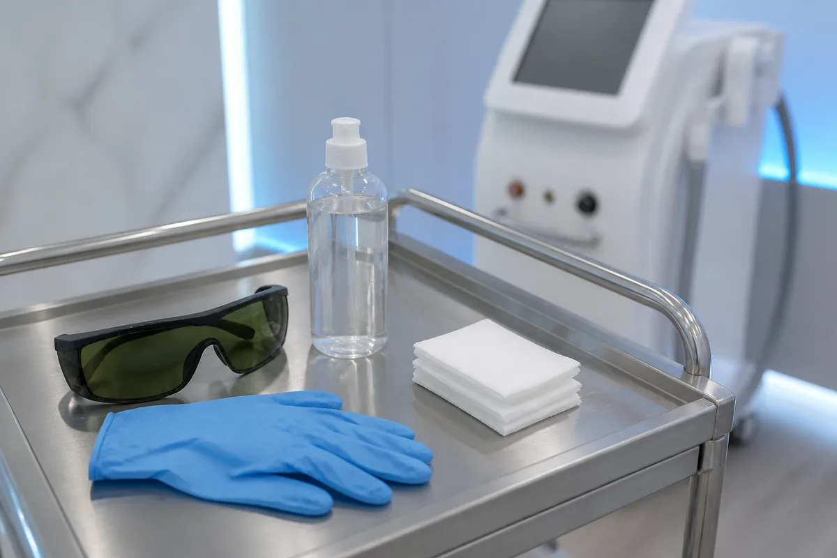 Cabinet d’épilation laser avec appareil médical et lunettes de protection posées sur une desserte