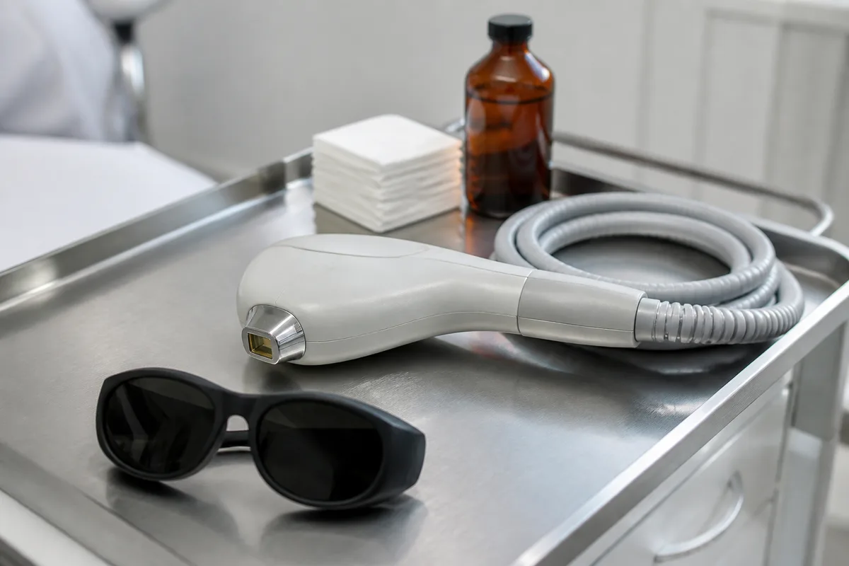 Pièce à main de laser posée sur une desserte médicale à côté de lunettes de protection