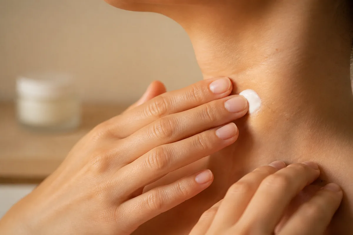 Application d’une crème apaisante sur la peau du cou avec le bout des doigts
