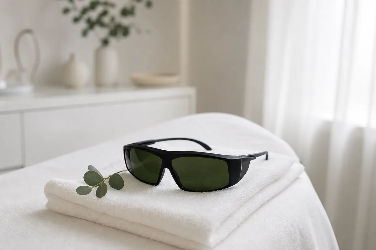 Lunettes de protection laser posées sur une serviette, ambiance clinique épurée