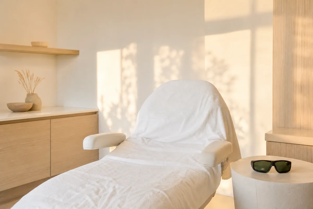 Salle de soin esthétique vide, lumière rasante sur un fauteuil et un drap blanc