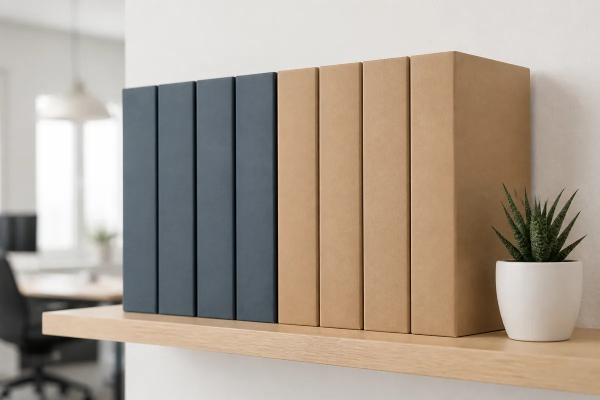 Bureau de comptabilité épuré avec classeurs fermés et plante verte près d’une fenêtre