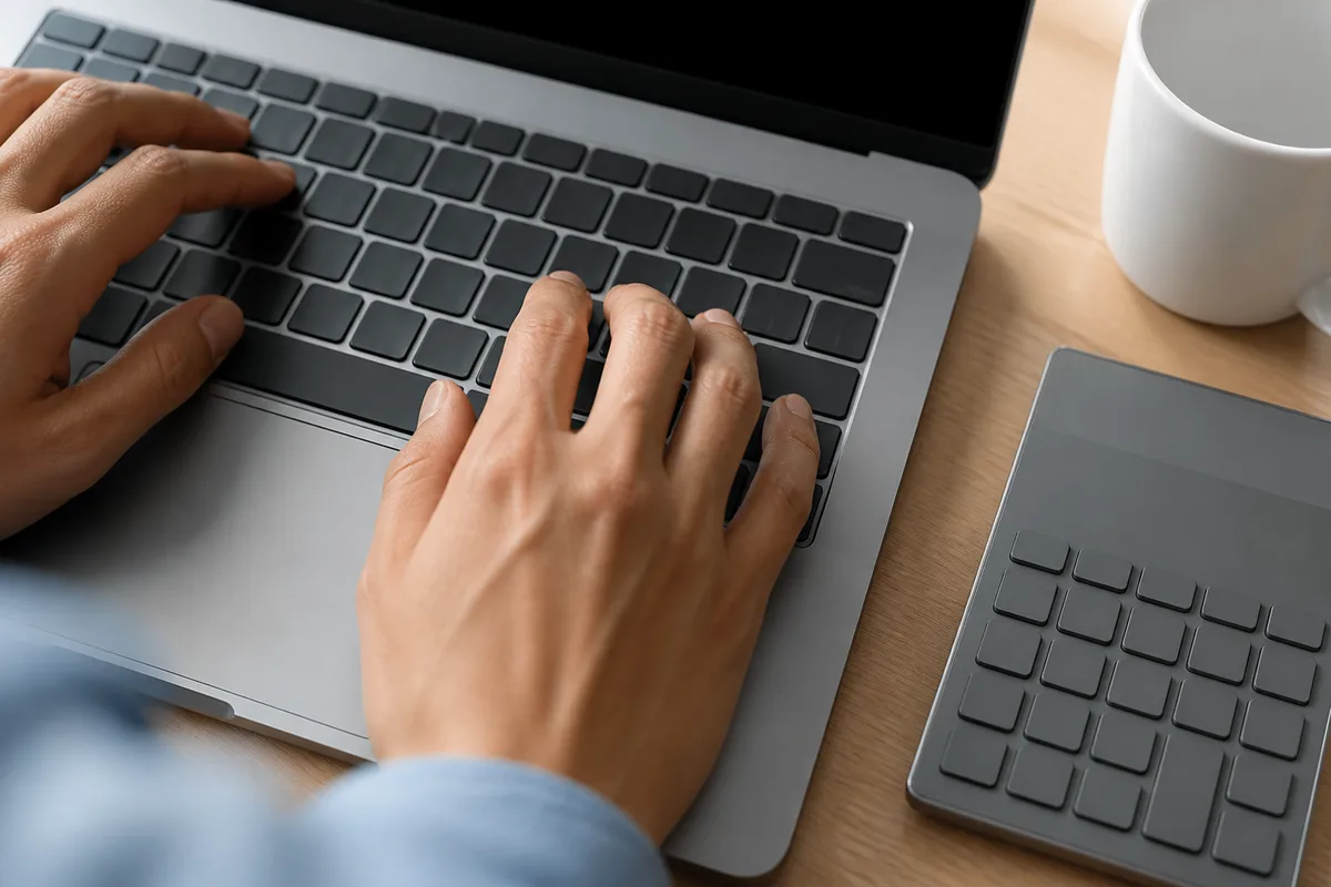Mains adultes posées sur le clavier d’un ordinateur portable, écran hors du cadre