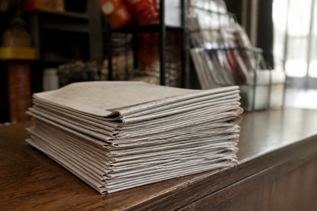 Exemplaires d’un journal local pliés sur un comptoir de commerce, lumière naturelle du matin