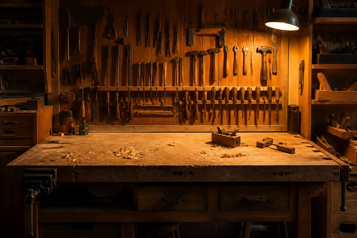 Petit atelier d’artisan avec établi rangé et lampe allumée en fin de journée