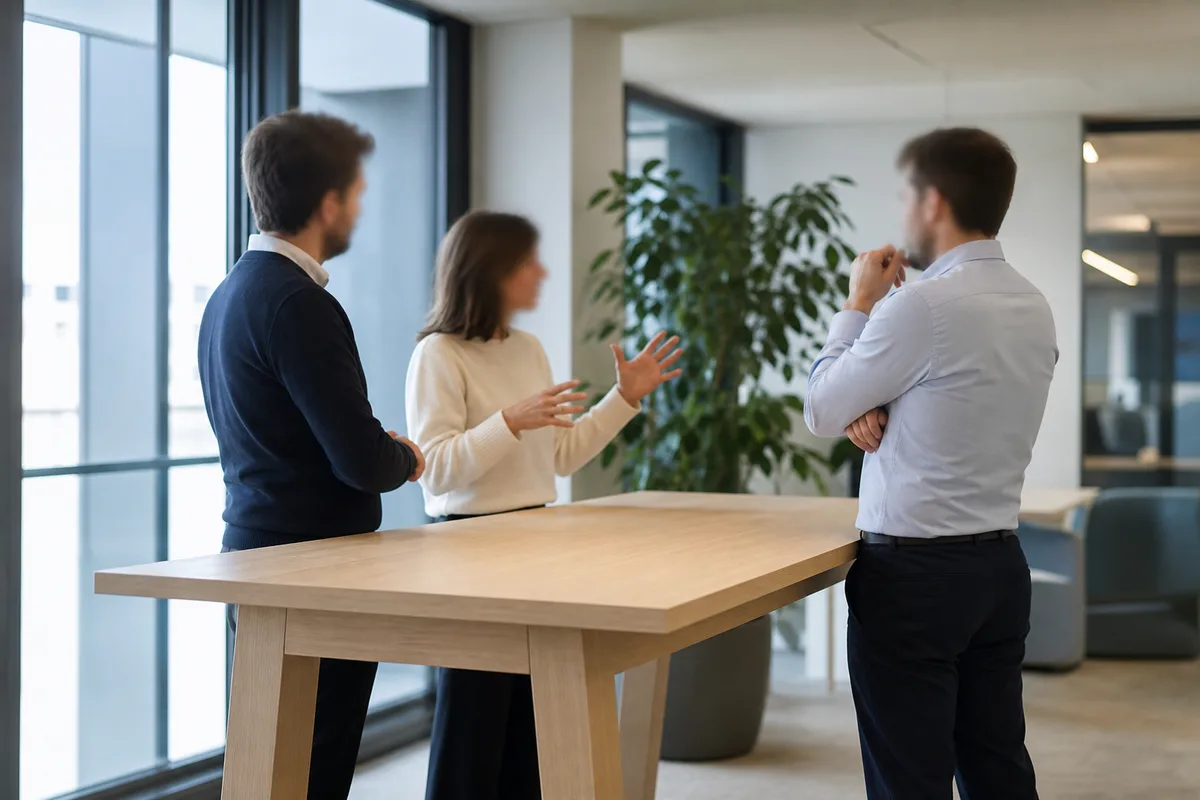 Collègues en discussion dans une salle de réunion lumineuse