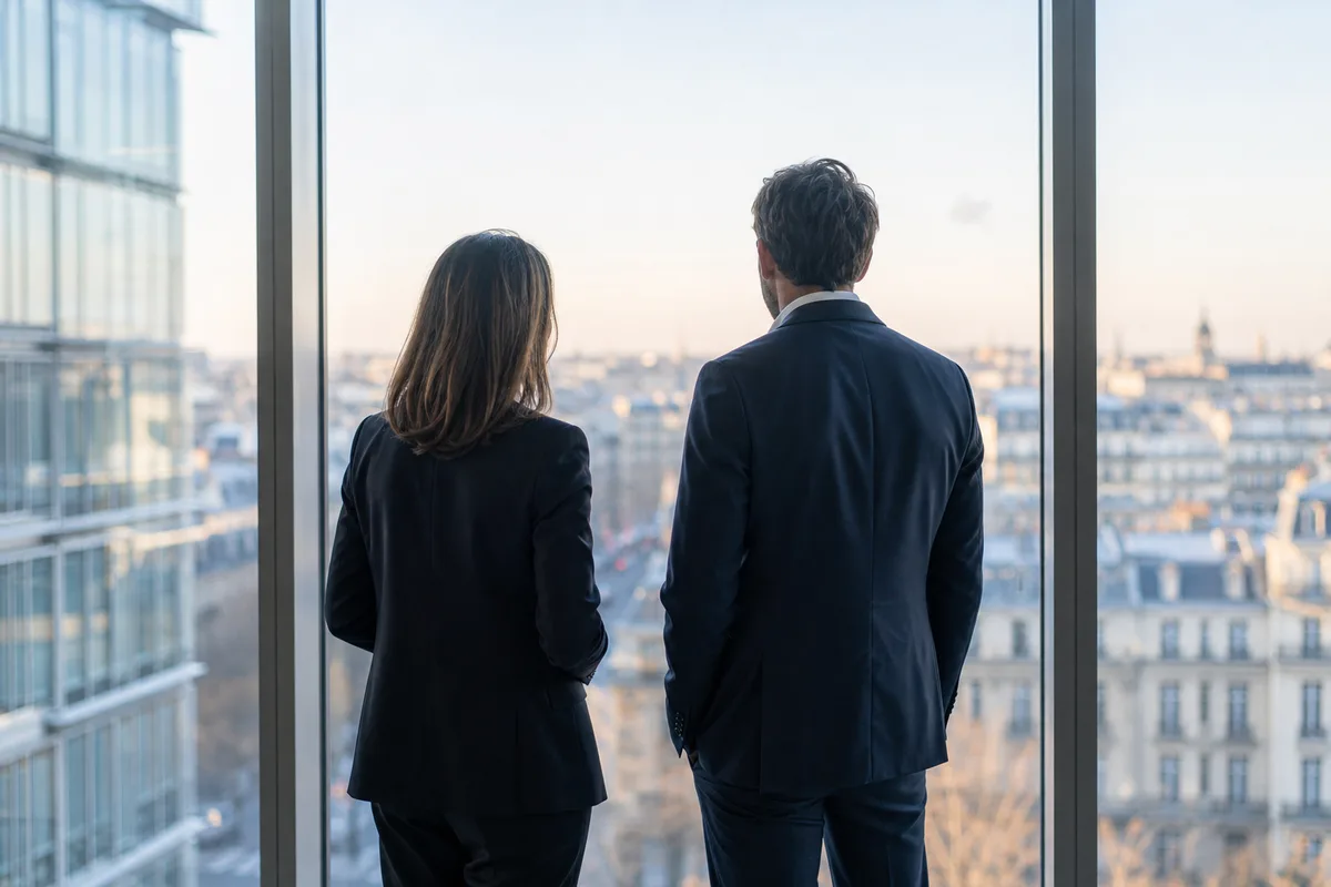 Deux collègues en conversation près d’une baie vitrée d’immeuble de bureaux