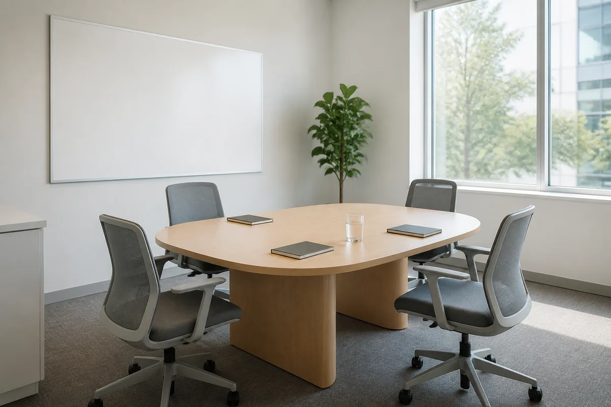 Salle de réunion d’entreprise avec tableau blanc vierge et table en bois clair