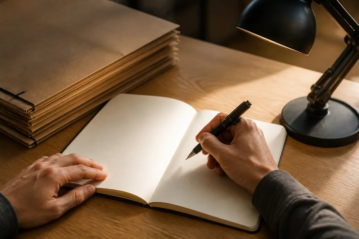 Mains annotant un carnet ouvert sur un plan de travail en bois sous une lumière douce