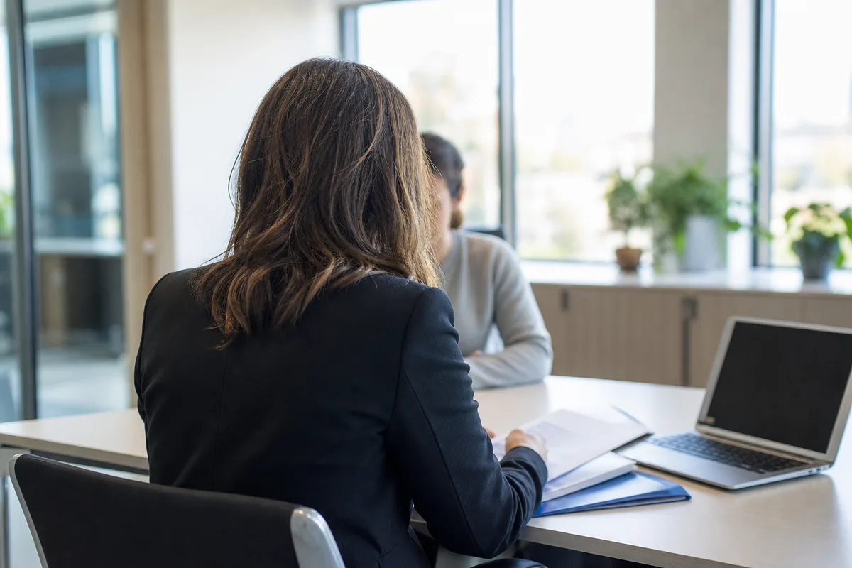 Conseillère en création d’entreprise de dos présentant un dossier à un porteur de projet