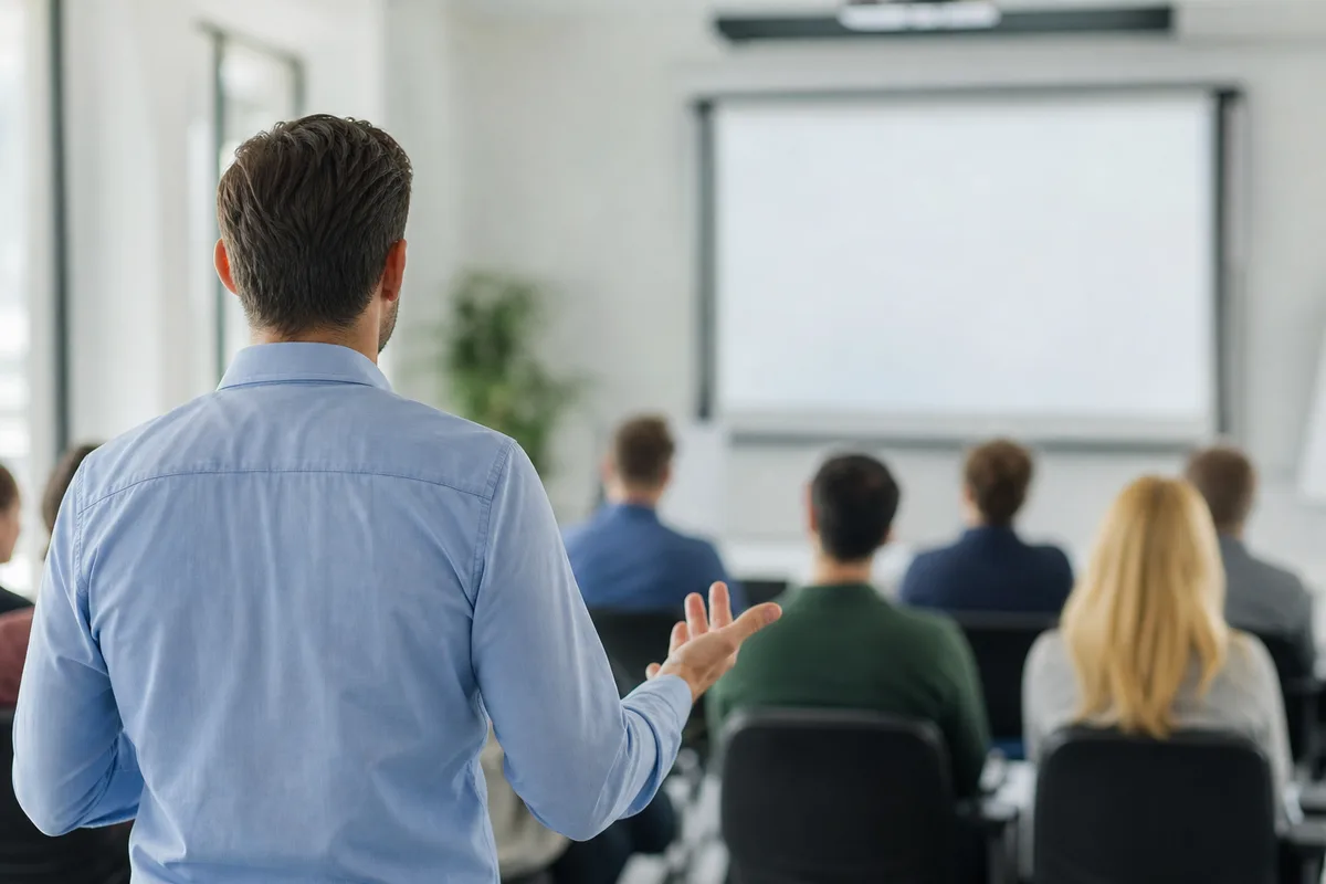 Formateur professionnel de dos animant une session devant un petit groupe en salle