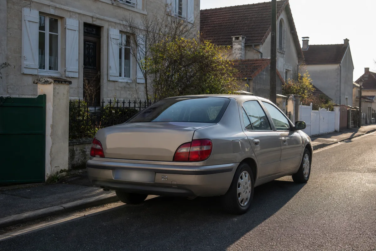 Voiture d’occasion garée dans une rue résidentielle française sous la lumière du matin