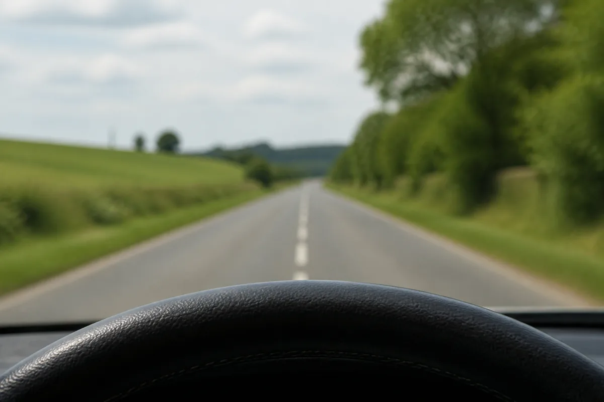 Compteur kilométrique d’une voiture affichant un faible kilométrage, mains sur le volant
