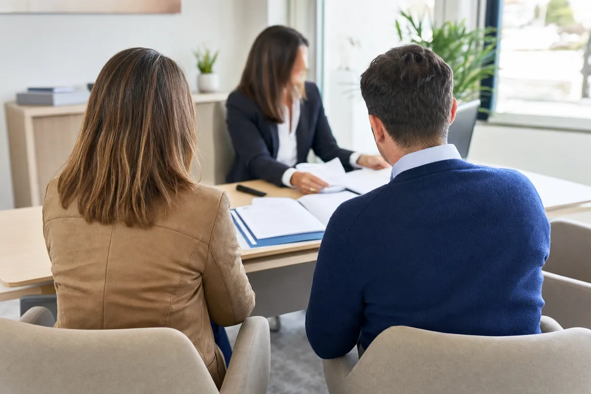 Famille discutant de ses contrats d’assurance avec un conseiller dans un bureau lumineux