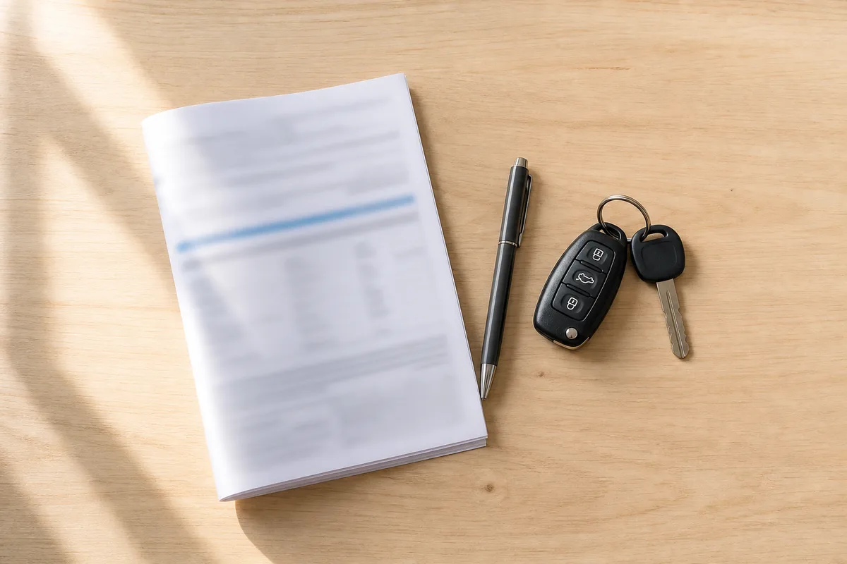 Documents d’assurance auto et clés de voiture posés sur un bureau en bois clair