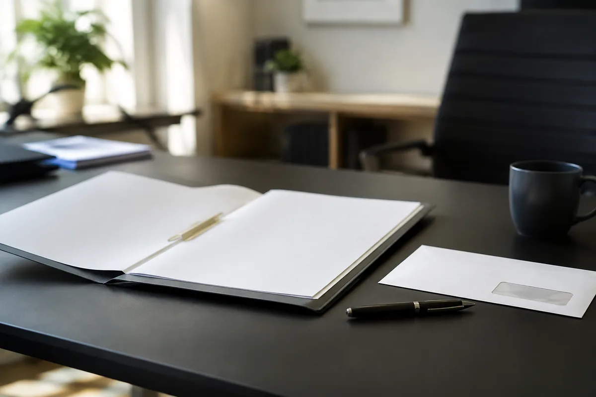 Dossier ouvert sur une table avec un stylo, une enveloppe de courrier recommandé et une tasse, ambiance de bureau sobre