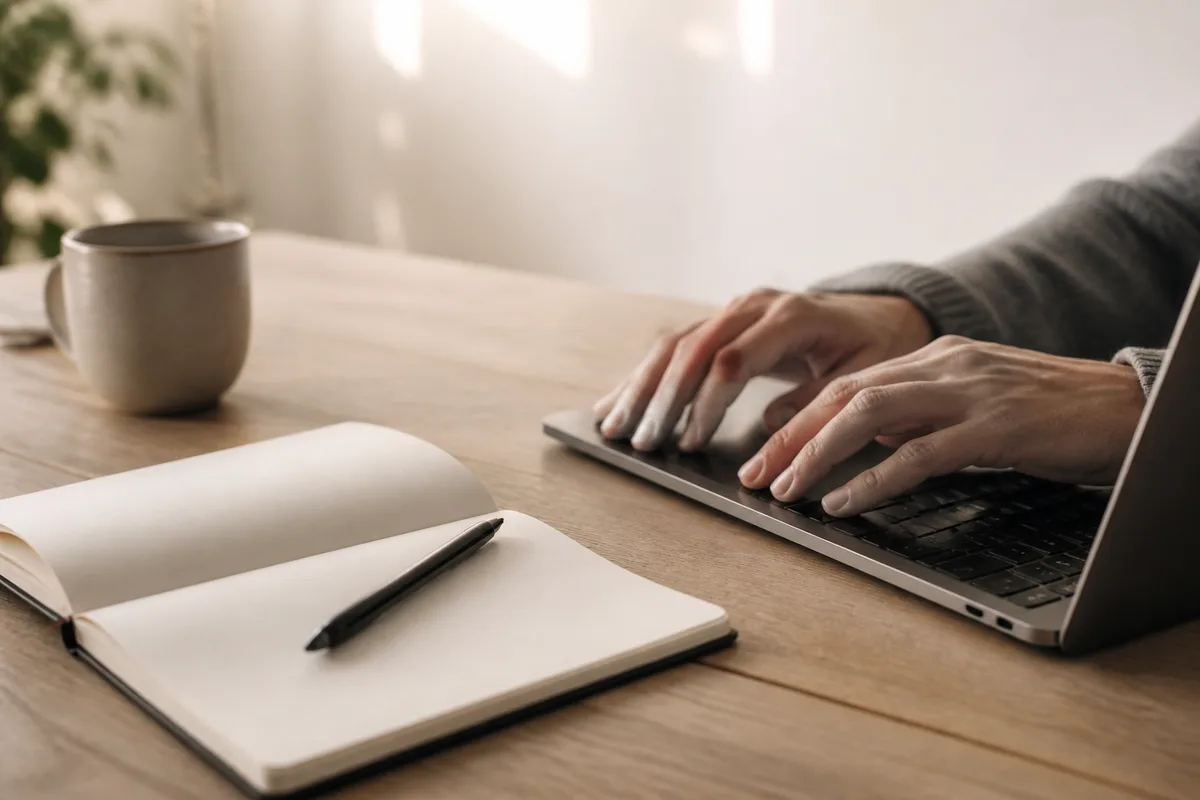 Mains posées sur un carnet ouvert et un ordinateur portable dans un bureau clair