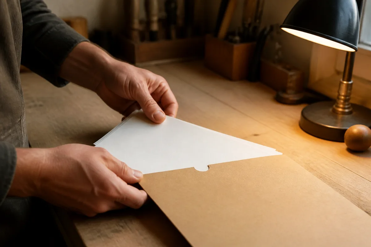 Mains d’un artisan classant des documents dans une chemise cartonnée sur un établi rangé