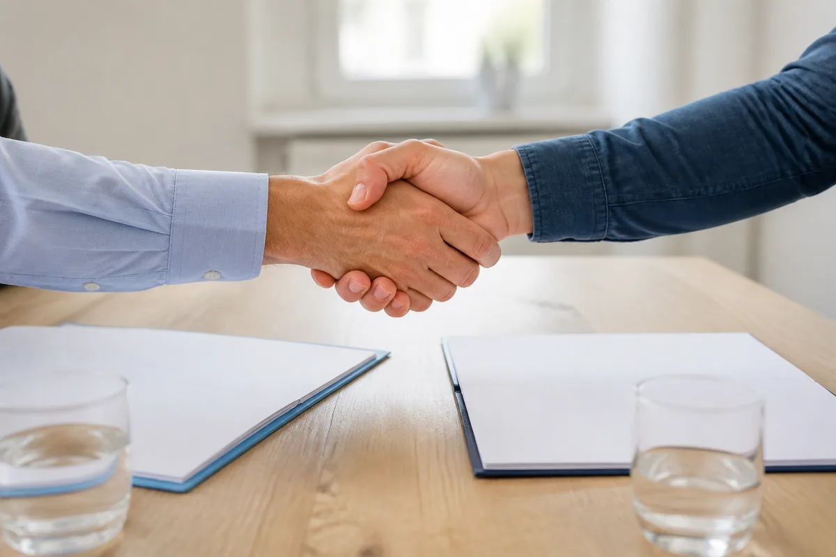 Poignée de main professionnelle au-dessus d’une table de réunion en bois clair avec dossiers ouverts