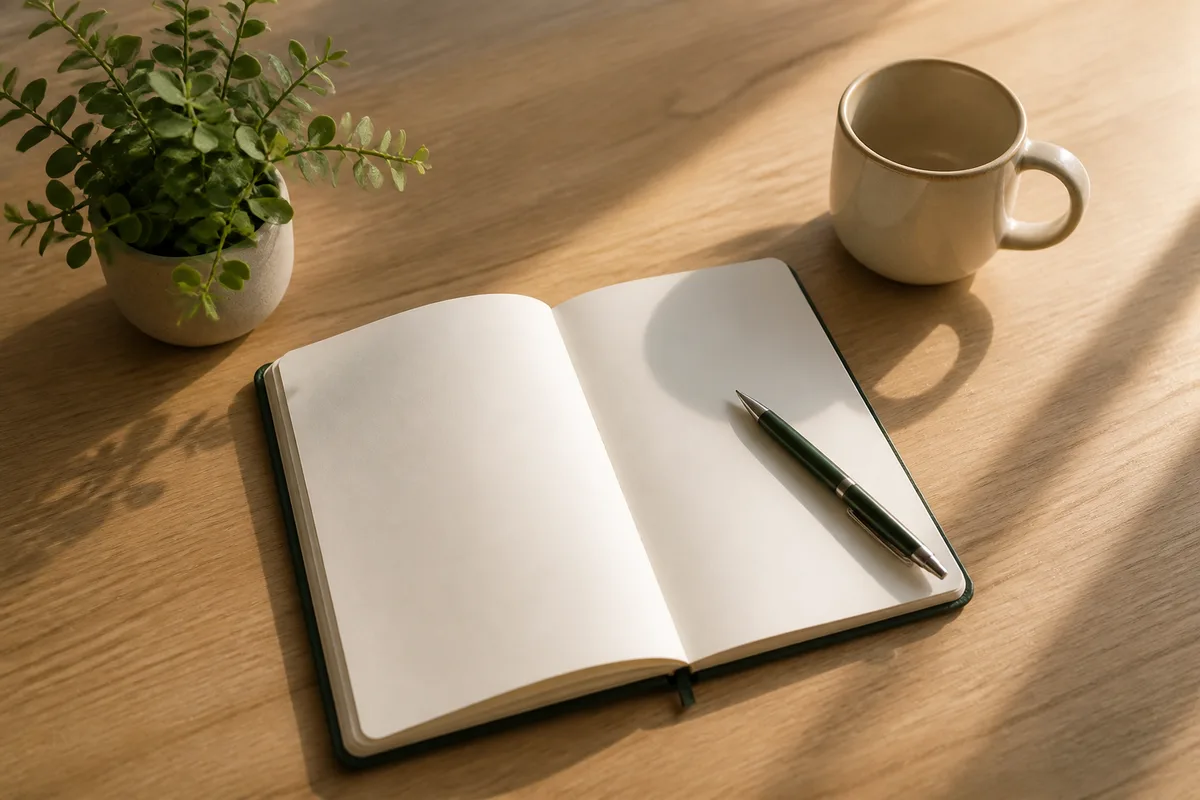 Vue d’un bureau ordonné avec agenda ouvert et tasse posée sous la lumière naturelle de fin de journée